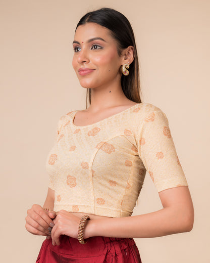 Side profile of the metallic zigzag stretchable blouse highlighting the fit and sleeve length.