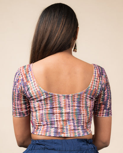 Dunki Print Multicolour Velvet Zari Stripes Stretchable Slip On Blouse