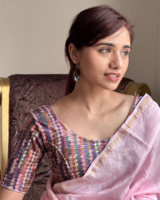 Model pairing the velvet stretchable blouse with a traditional saree, demonstrating a complete ethnic look.
