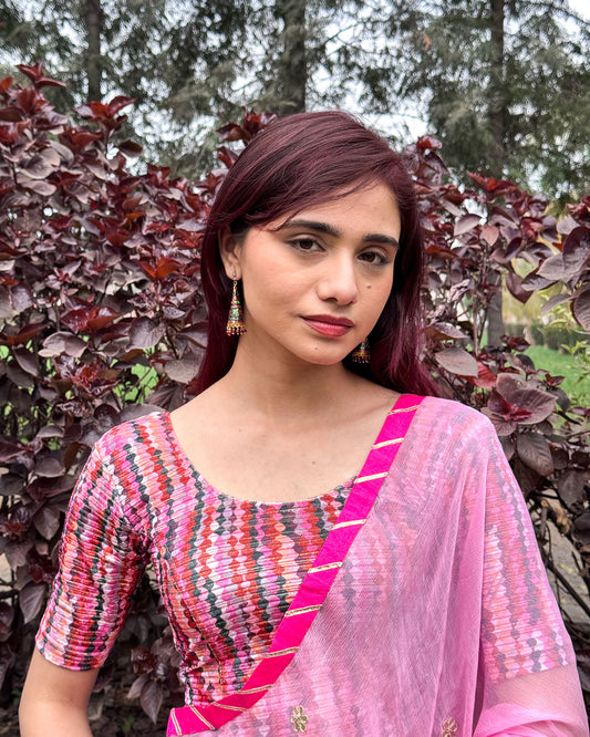 Model pairing the velvet stretchable blouse with a traditional saree, demonstrating a complete ethnic look.