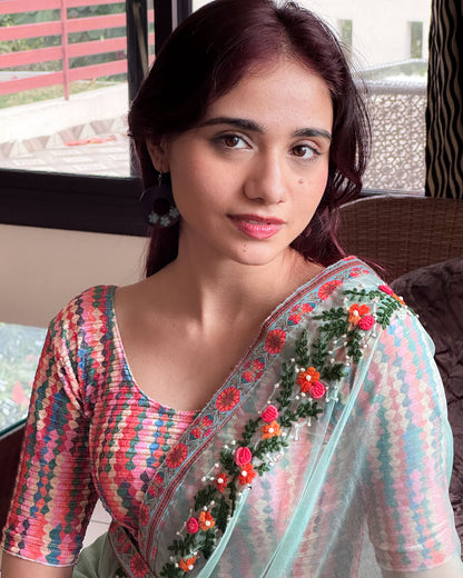 Model pairing the velvet stretchable blouse with a traditional saree, demonstrating a complete ethnic look.