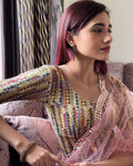 Dunki Velvet Yellow Elbow Sleeve Readymade Saree Blouse | Soft Fabric | Colorful Print