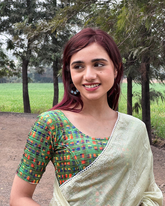 Model pairing the velvet stretchable blouse with a traditional saree, demonstrating a complete ethnic look.