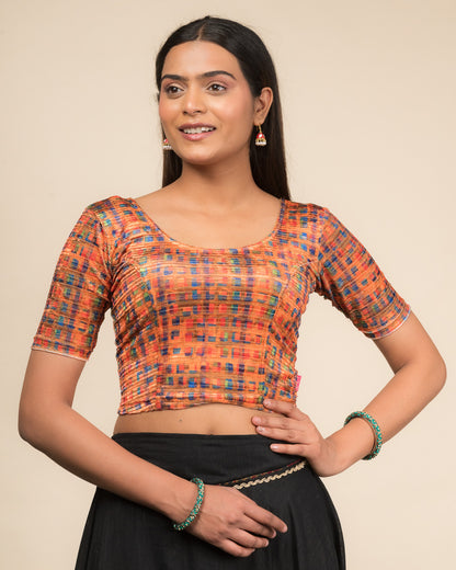 Dunki Print Multicolour Velvet Zari Stripes Stretchable Slip On Blouse