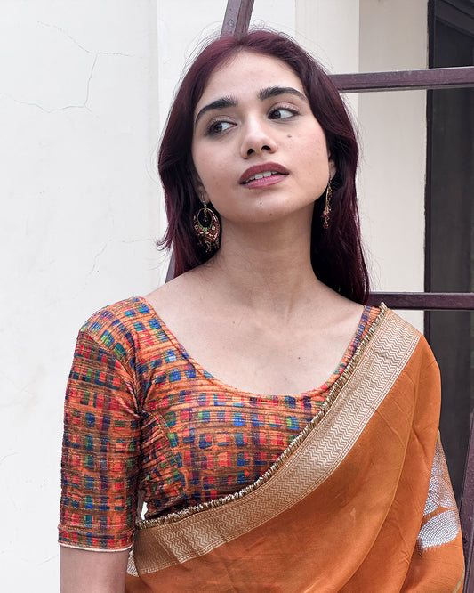 Model pairing the velvet stretchable blouse with a traditional saree, demonstrating a complete ethnic look.