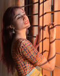 Dunki Velvet Peach Elbow Sleeve Stretchable Blouse | Multicolor Print Design