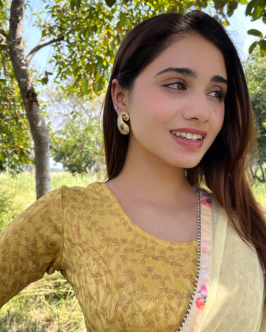 Model pairing the textured stretchable blouse with a traditional saree, demonstrating a complete ethnic look.