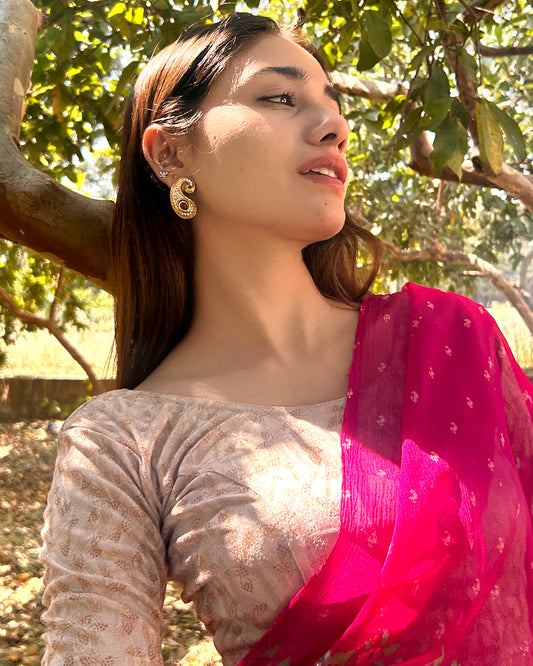 Model pairing the textured stretchable blouse with a traditional saree, demonstrating a complete ethnic look.