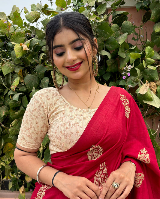  Model pairing the textured stretchable blouse with a traditional saree, demonstrating a complete ethnic look.
