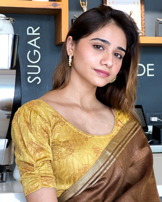 Model pairing the corset-style stretchable blouse with a traditional saree, demonstrating a complete ethnic look.
