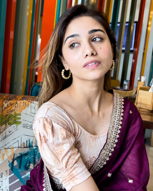 Model pairing the corset-style stretchable blouse with a traditional saree, demonstrating a complete ethnic look.