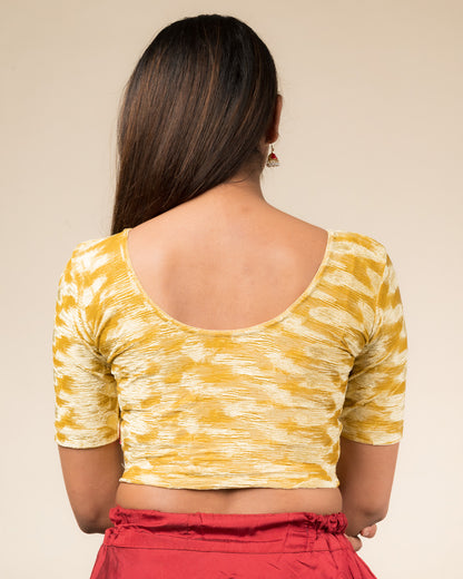 Rear view of the zari embellished velvet stretchable blouse showcasing the back design.