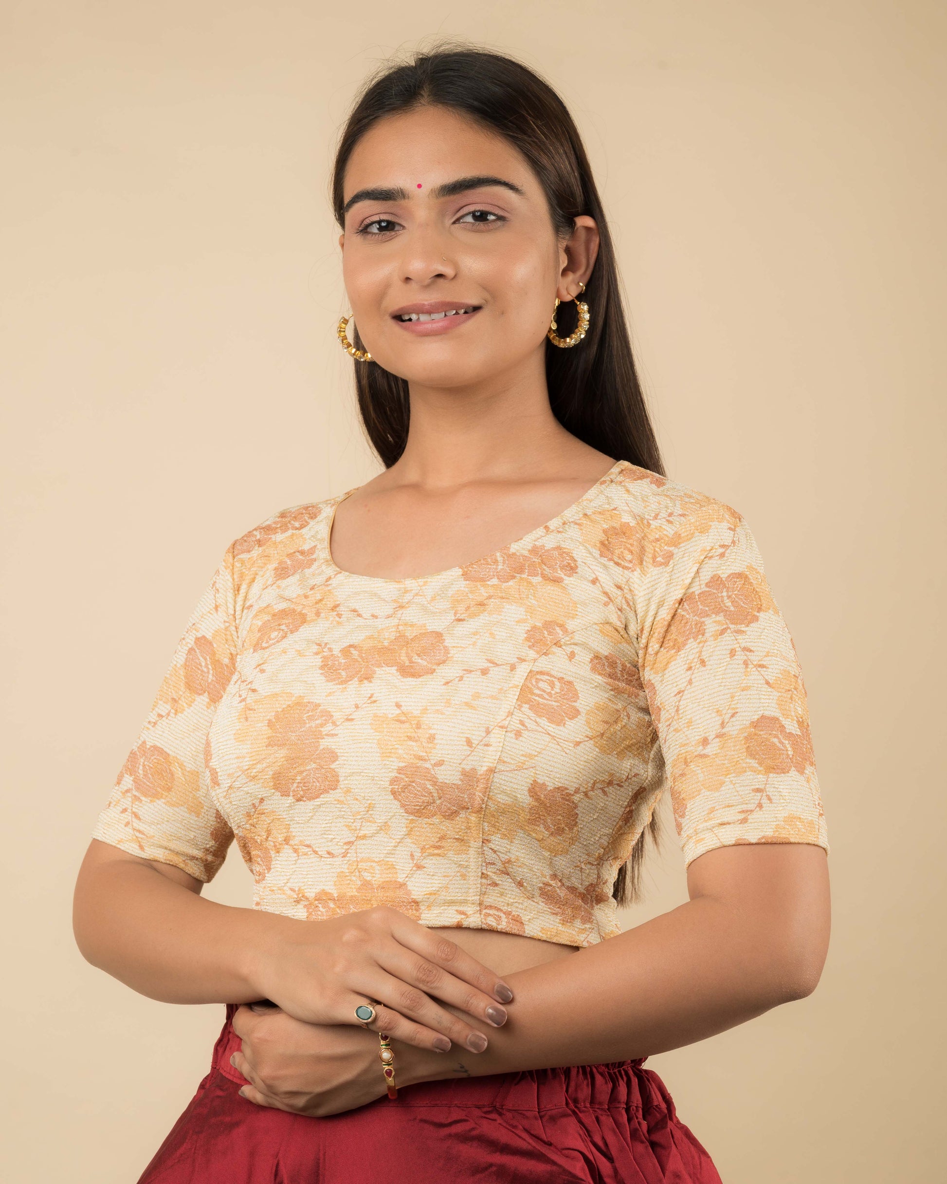 Side profile of the jacquard stretchable blouse highlighting the fit and sleeve length.