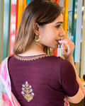 Tia Wine Velvet Buti Embroidery Saree Blouse | Stretchable & Stylish