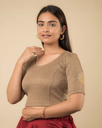 Side profile of the buti embroidered stretchable blouse highlighting the fit and sleeve length.