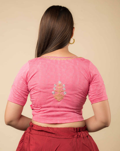 Rear view of the buti embroidered stretchable blouse showcasing the back design.