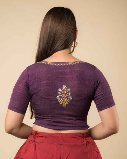 Rear view of the buti embroidered stretchable blouse showcasing the back design.