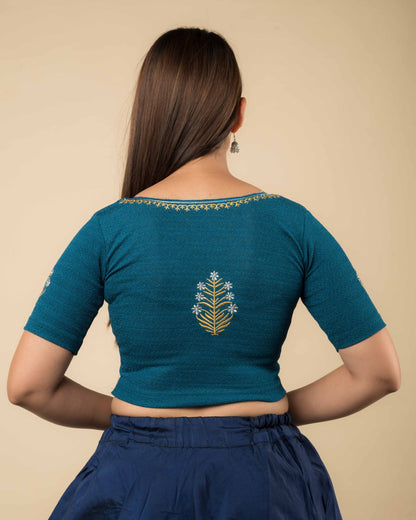 Rear view of the buti embroidered stretchable blouse showcasing the back design.