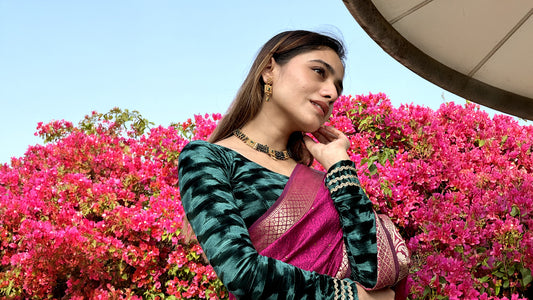 Model pairing the velvet stretchable blouse with a traditional saree, demonstrating a complete ethnic look.