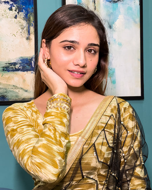 Model pairing the velvet stretchable blouse with a traditional saree, demonstrating a complete ethnic look.