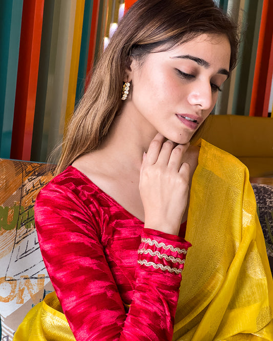 Model pairing the velvet stretchable blouse with a traditional saree, demonstrating a complete ethnic look.