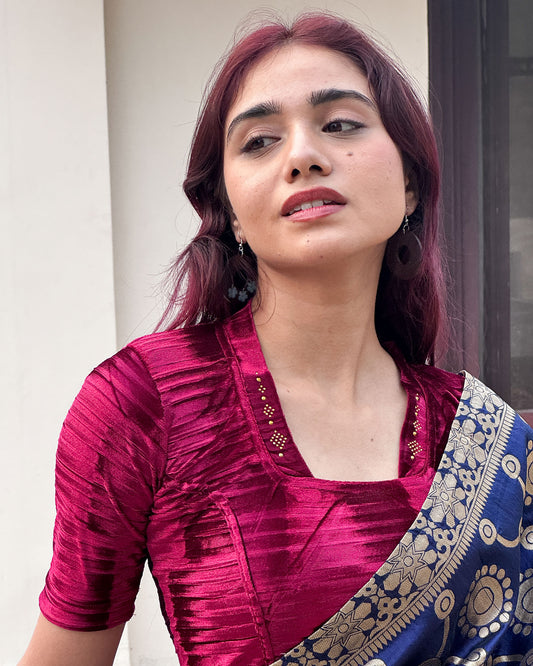 Model pairing the velvet stretchable blouse with a traditional saree, demonstrating a complete ethnic look.