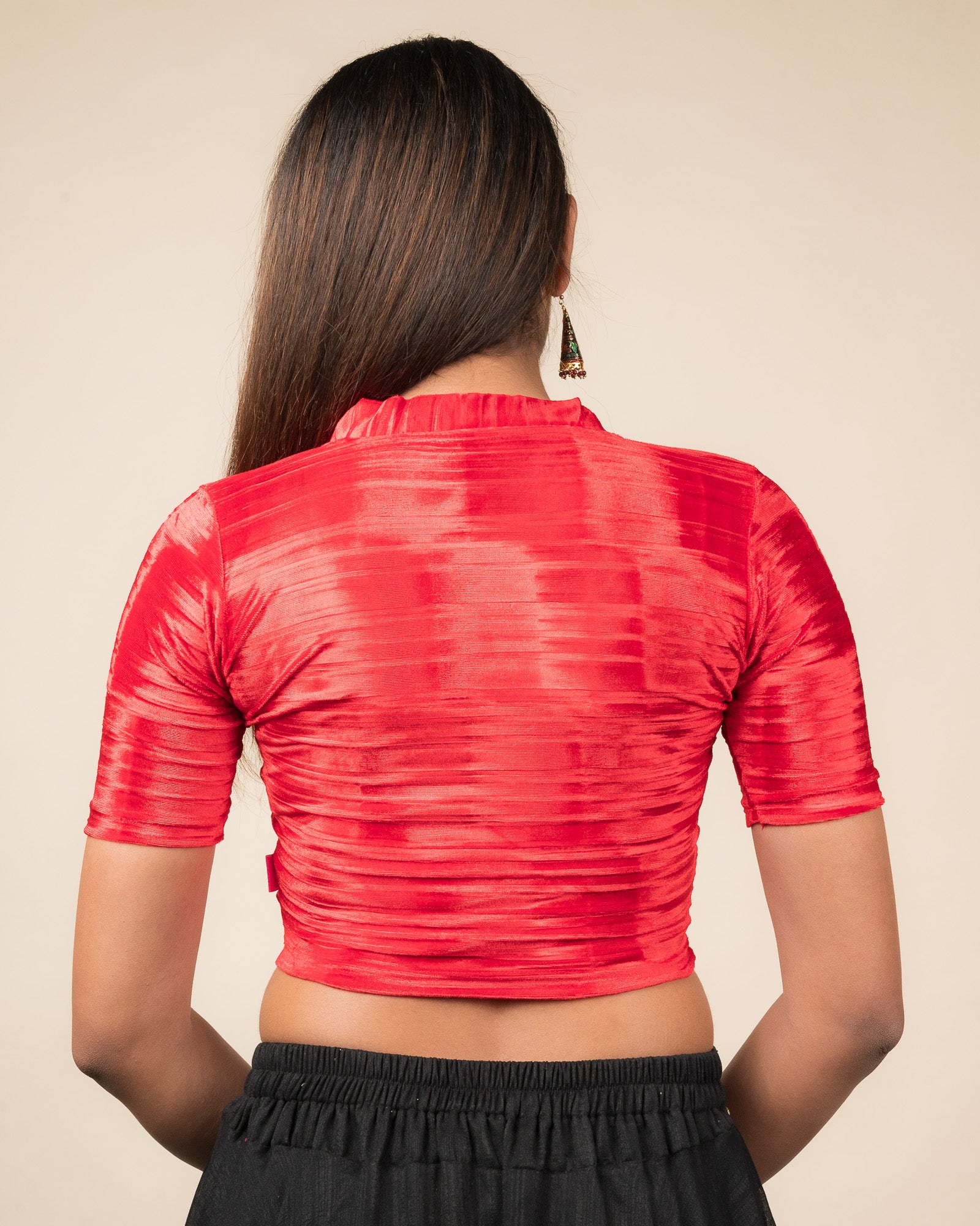 Rear view of the velvet stretchable blouse showcasing the back design.