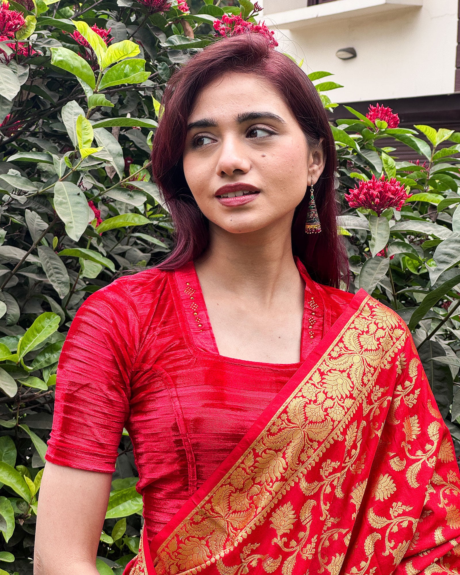 Model pairing the velvet stretchable blouse with a traditional saree, demonstrating a complete ethnic look.