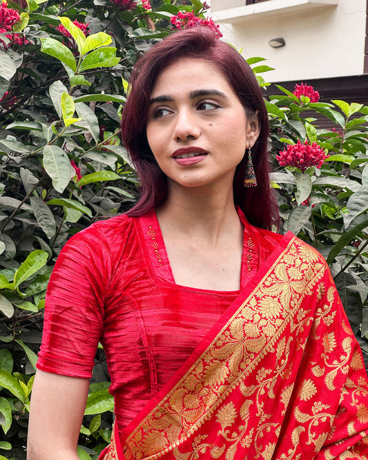 Model pairing the velvet stretchable blouse with a traditional saree, demonstrating a complete ethnic look.