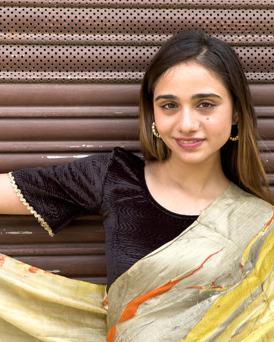 Model pairing the velvet stretchable blouse with a traditional saree, demonstrating a complete ethnic look.