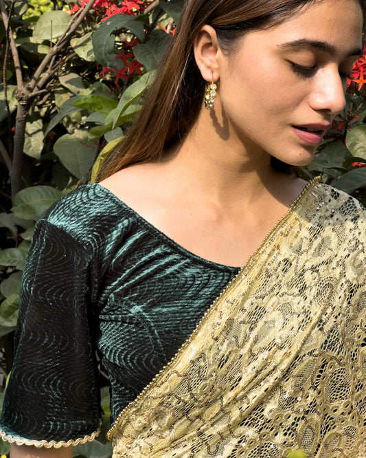 Model pairing the velvet stretchable blouse with a traditional saree, demonstrating a complete ethnic look.