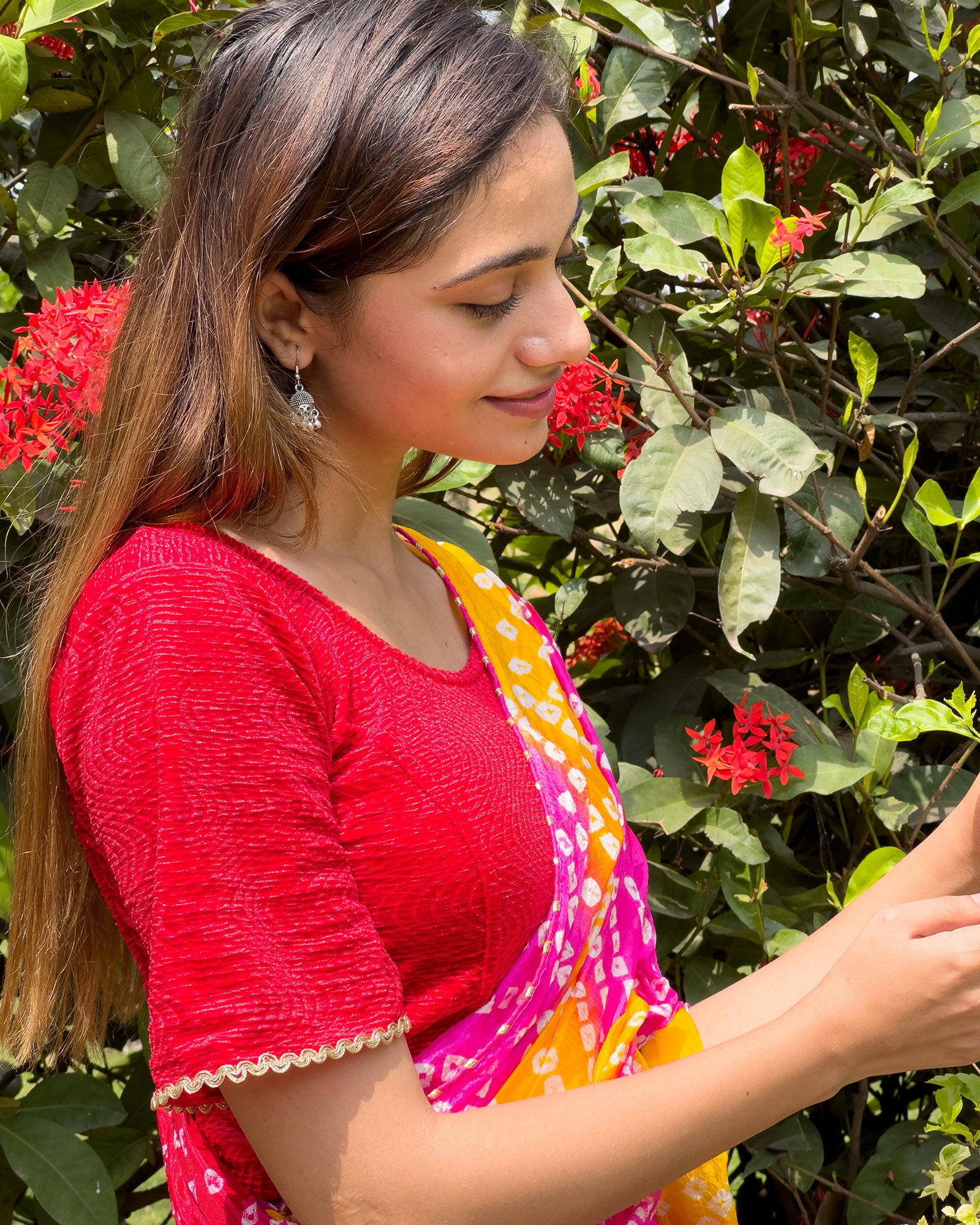 Model pairing the velvet stretchable blouse with a traditional saree, demonstrating a complete ethnic look.