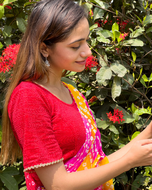 Model pairing the velvet stretchable blouse with a traditional saree, demonstrating a complete ethnic look.