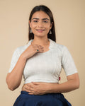 Kalki Jacquard Lahariya Silver Saree Blouse with Zari Handwork Stretchable Fit