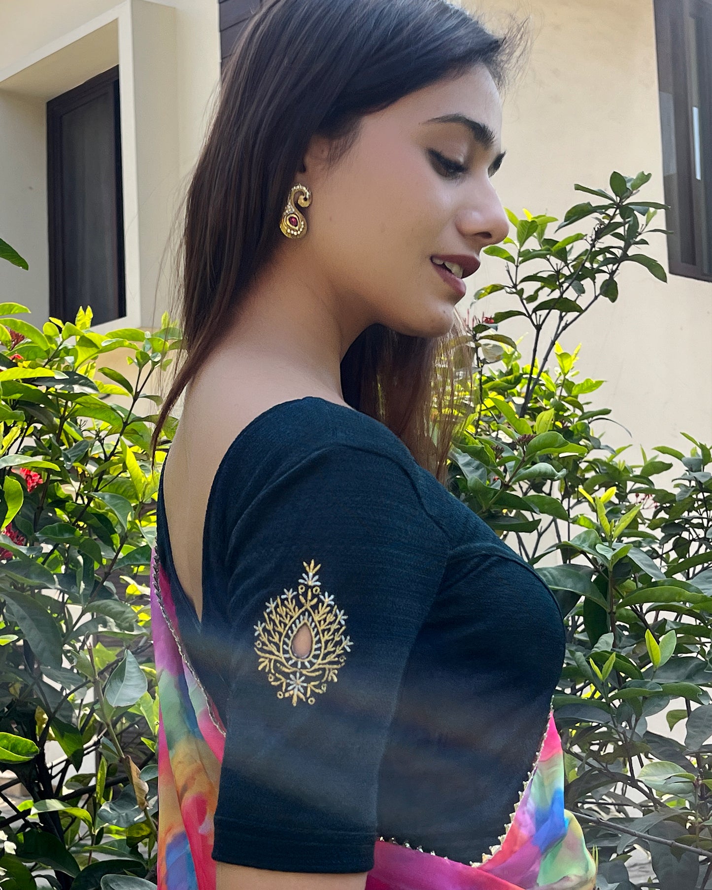 Mirari Bottle Green Blouse with Gold Silver Zari Work