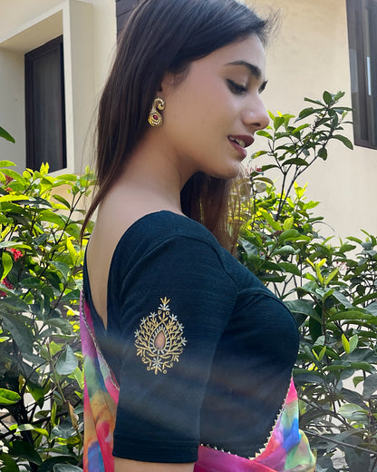 Mirari Bottle Green Blouse with Gold Silver Zari Work