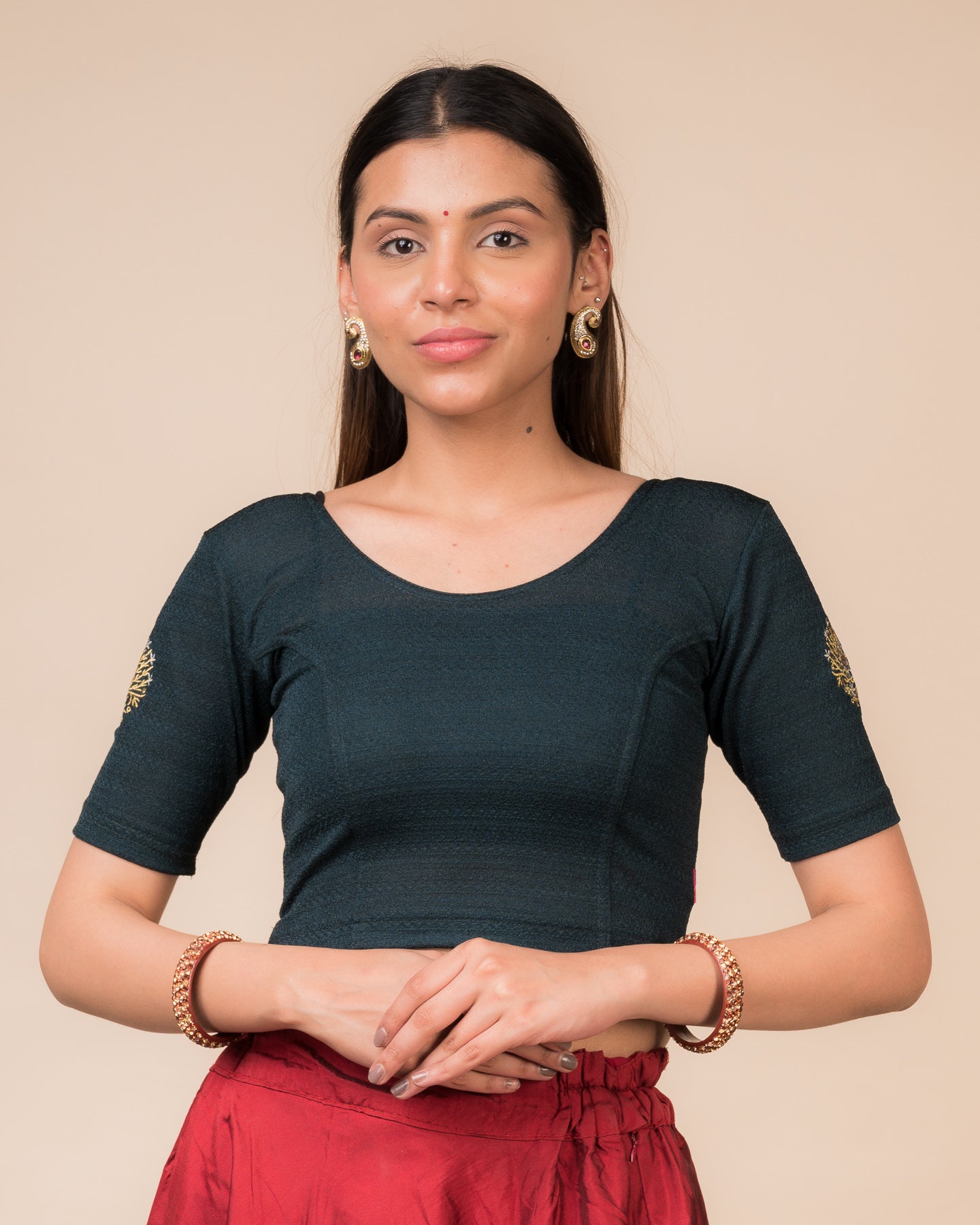 Mirari Bottle Green Blouse with Gold Silver Zari Work