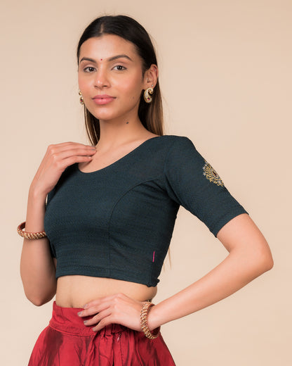 Mirari Bottle Green Blouse with Gold Silver Zari Work