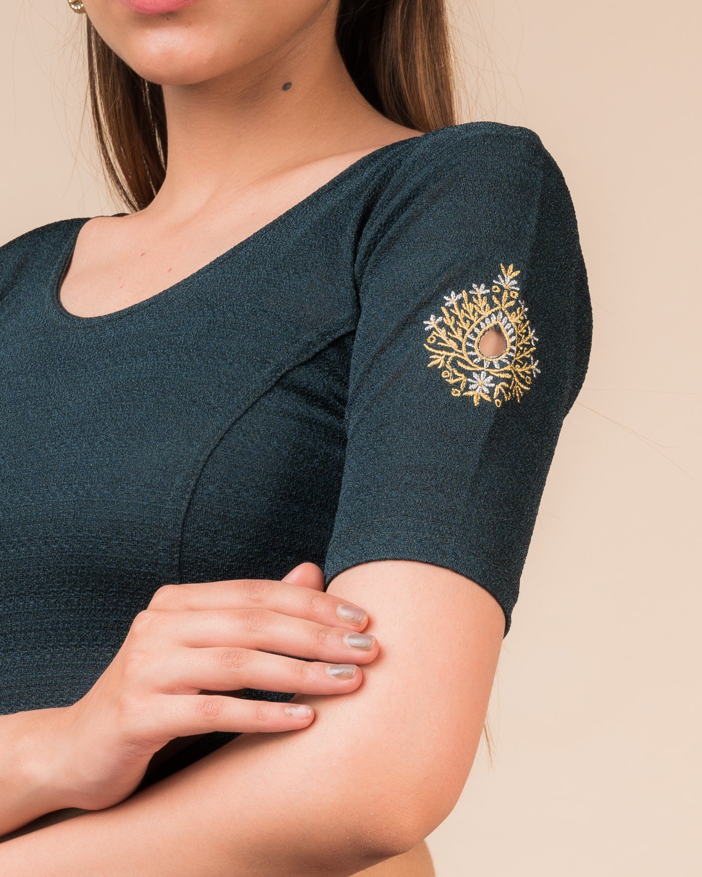 Mirari Bottle Green Blouse with Gold Silver Zari Work