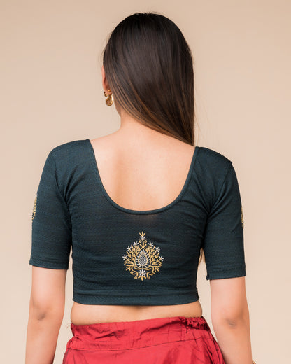 Mirari Bottle Green Blouse with Gold Silver Zari Work