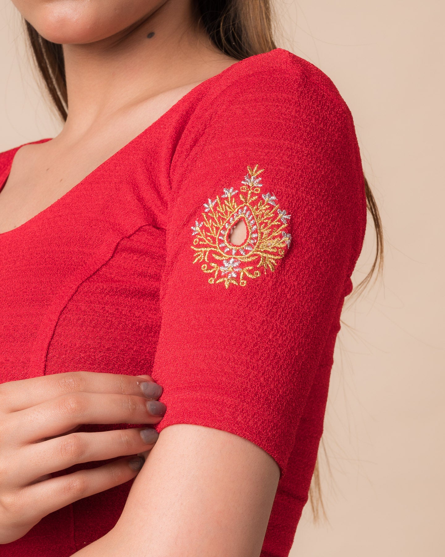 Mirari Red Blouse with Gold Silver Zari Work