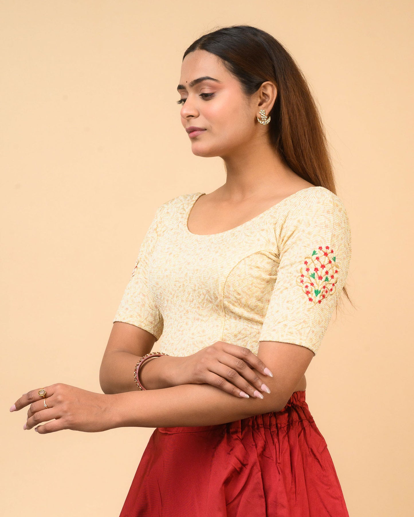 Multani Embroidery Stretchable Blouse Light Gold
