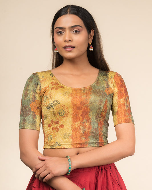 Baawri Green Multicolour Printed Stretchable Saree Blouse Advi