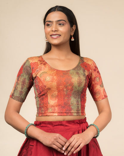 Baawri Maroon Multicolour Printed Stretchable Saree Blouse Advi