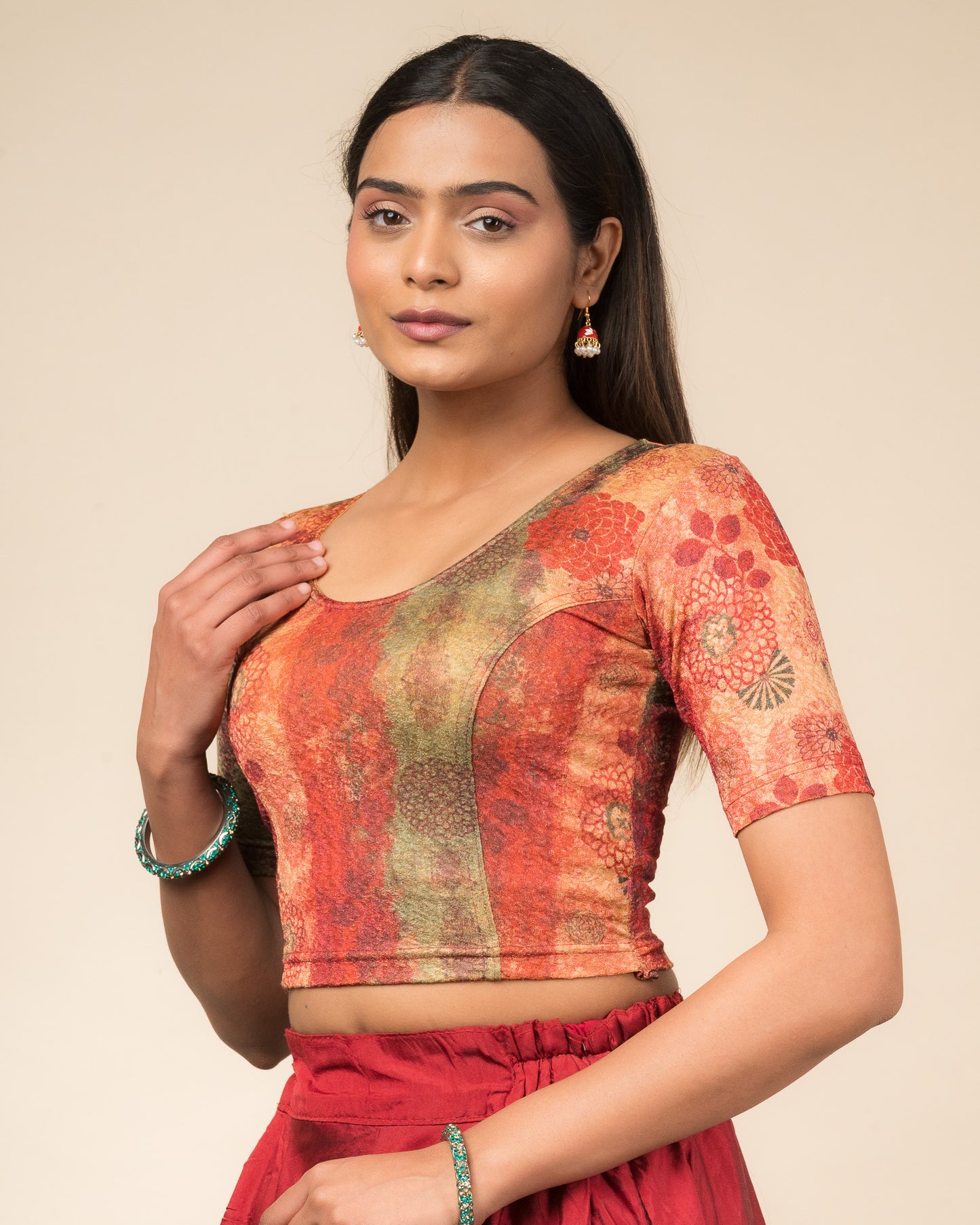 Baawri Maroon Multicolour Printed Stretchable Saree Blouse Advi