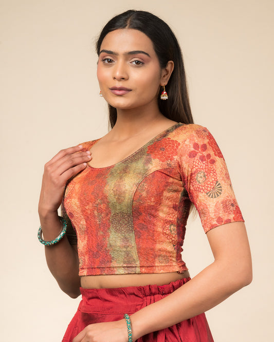 Baawri Maroon Multicolour Printed Stretchable Saree Blouse Advi