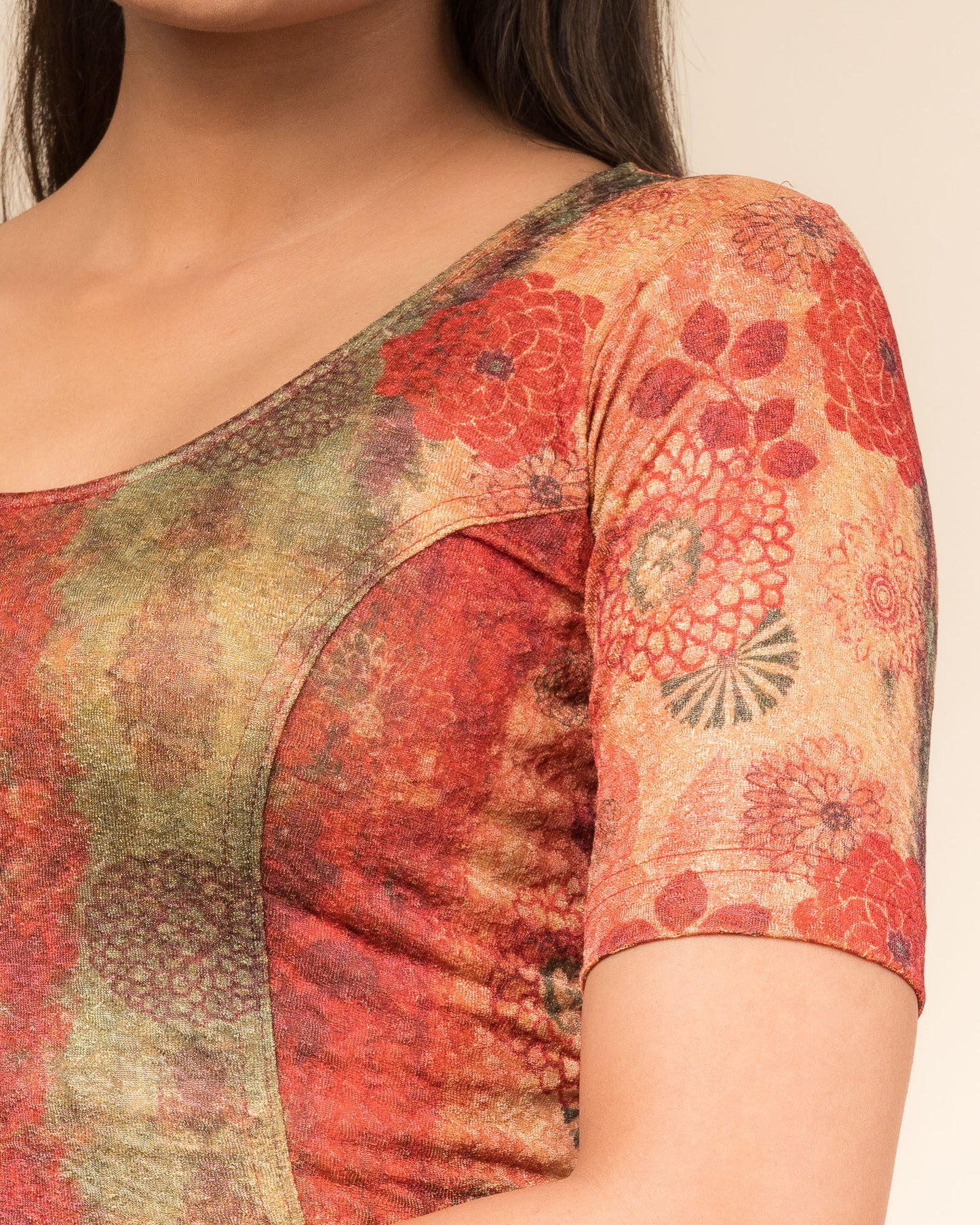 Baawri Maroon Multicolour Printed Stretchable Saree Blouse Advi