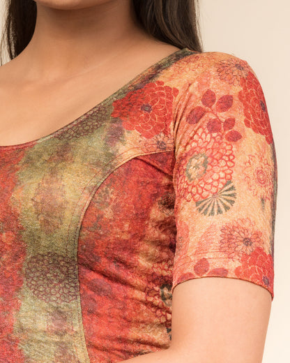 Baawri Maroon Multicolour Printed Stretchable Saree Blouse Advi