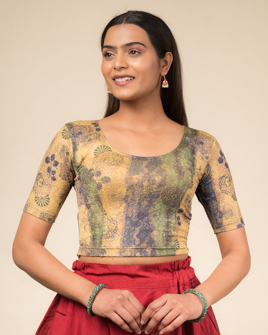 Baawri Navy Blue Multicolour Printed Stretchable Saree Blouse Advi