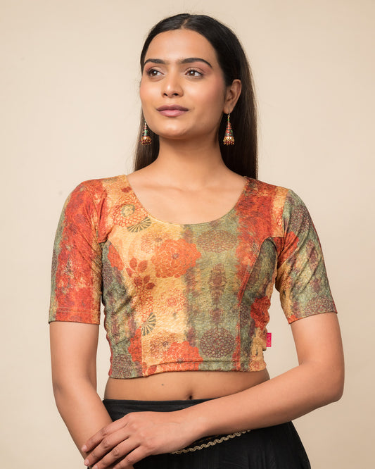 Baawri Red Multicolour Printed Stretchable Saree Blouse Advi